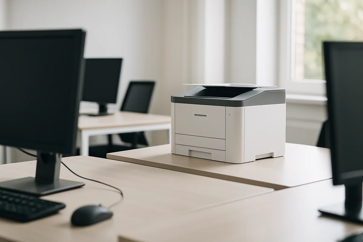 Ein Laserdrucker mit offener Abdeckung, der Toner ersetzt wird