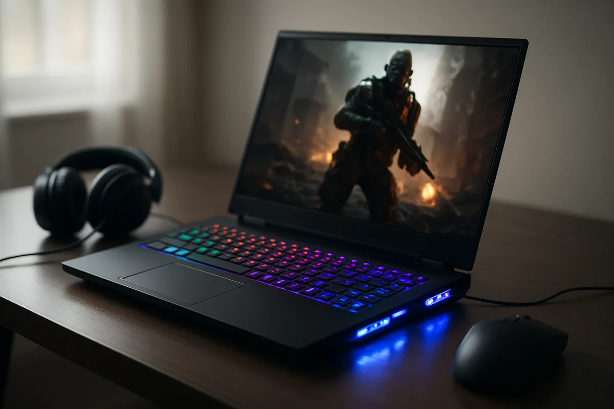 Gaming-Laptop mit RGB-Tastatur und leuchtenden Lüftern auf einem Schreibtisch, Daneben ein Headset und eine Maus