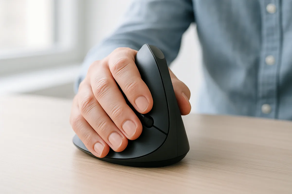 Verschiedene vertikale ergonomische Mäuse auf einem Schreibtisch neben einem Laptop, Nahaufnahme
